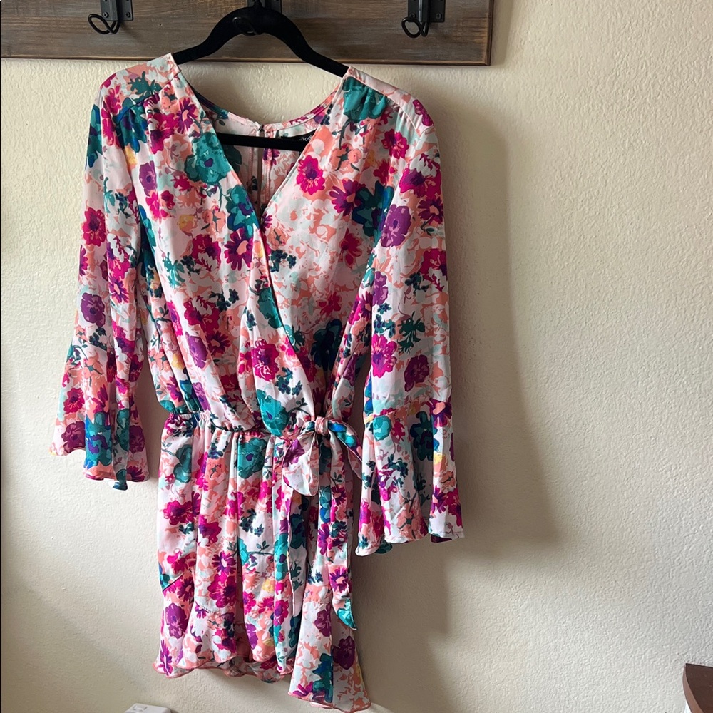 New Look Floral Wrap Romper in Pink, Teal, Purple